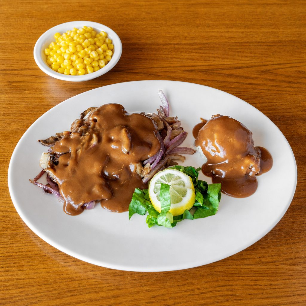 Ground Round w Brown Gravy.